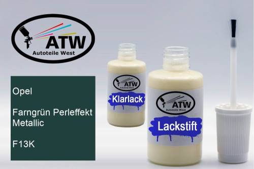 Opel, Farngrün Perleffekt Metallic, F13K: 20ml Lackstift + 20ml Klarlack - Set, von ATW Autoteile West.